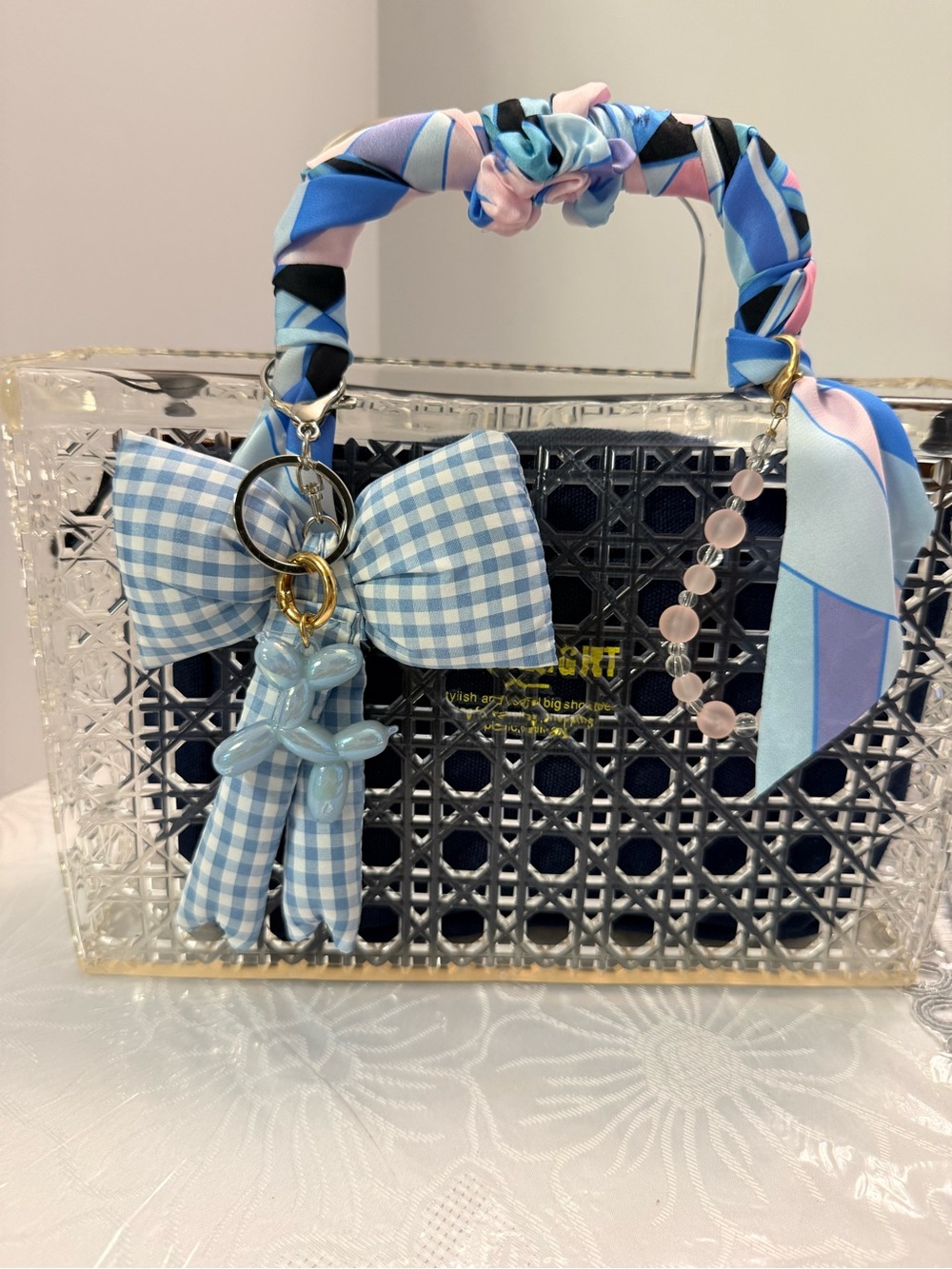 Clear Mini Tote with Navy Insert and Blue Gingham Bow